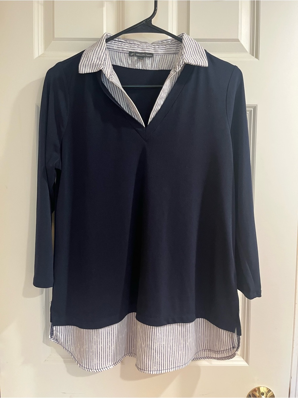 Adrianna Papell Navy Layered Tunic with White Striped Collar